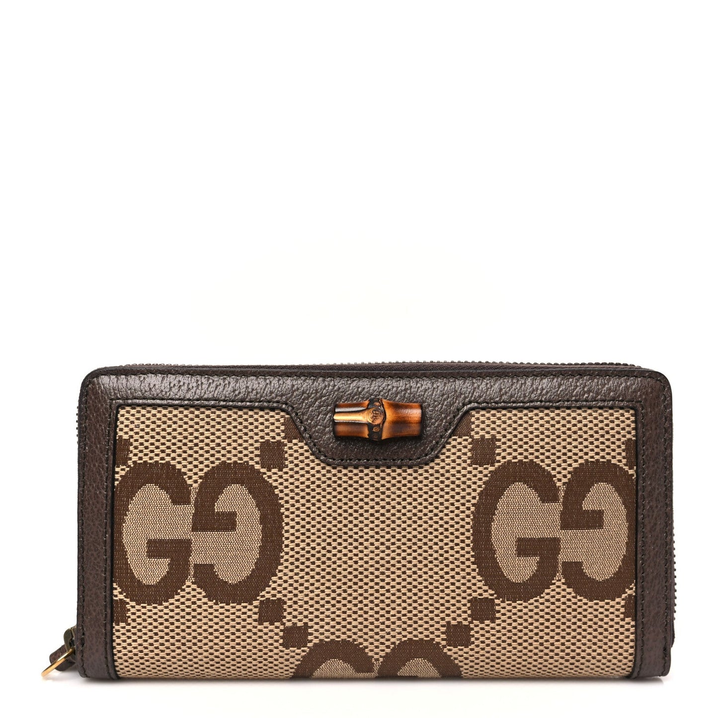Gucci Monogram Jumbo GG Textured Dollar Calfskin Diana Zip Around Continental Wallet Camel Ebony New Acero