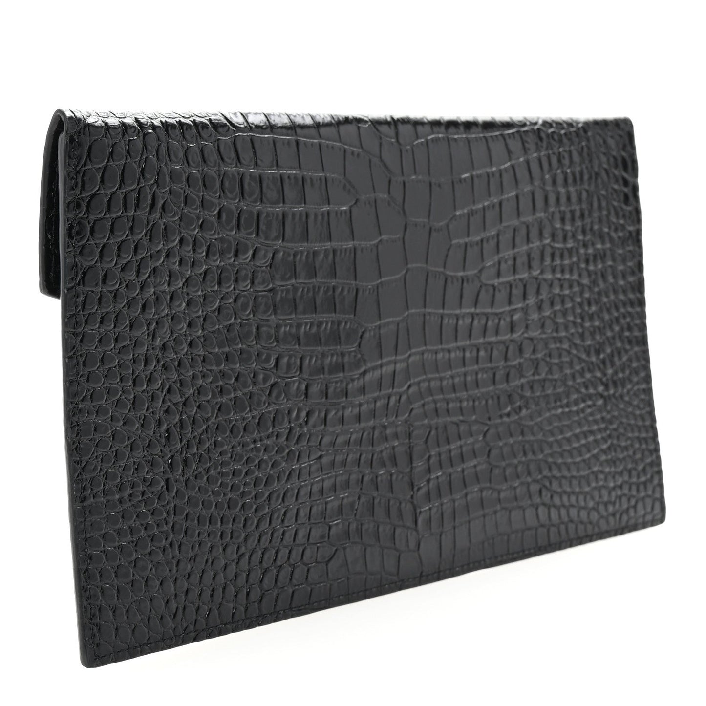 Saint Laurent Calfskin Crocodile Embossed Uptown Monogram Clutch Black
