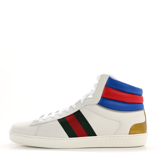 Gucci Calfskin Web Mens Ace High Top Sneakers 9 White Bright Splash
