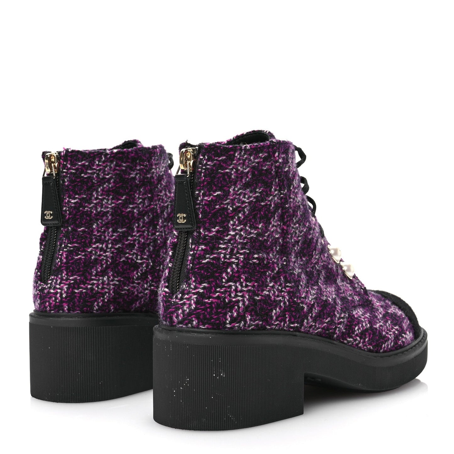 Chanel Tweed Pearl Combat Short Boots 38 Purple Black
