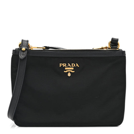 Prada Tessuto Nylon Soft Calf Double Zip Crossbody Bag Black