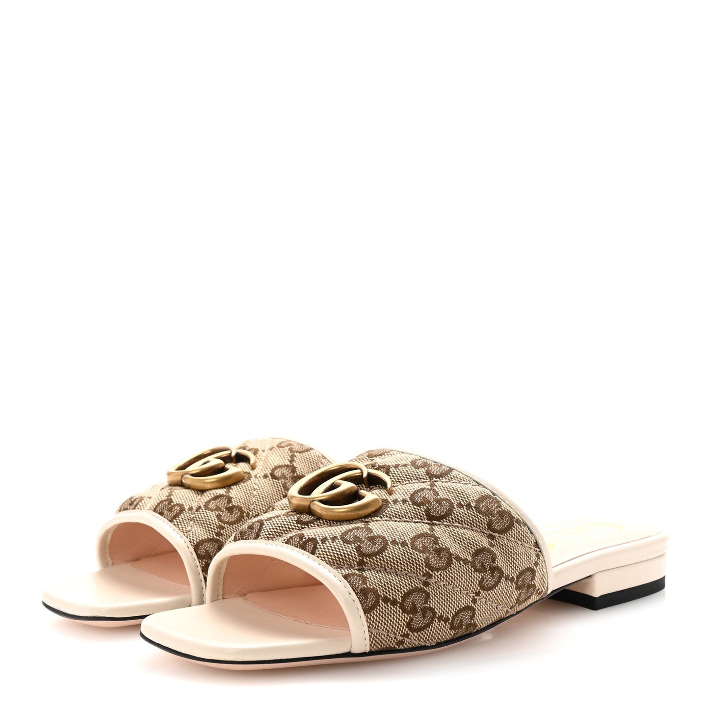 Gucci Monogram Matelasse Diagonal GG Marmont Flat Slide Sandals 35 Beige Ebony Mystic White