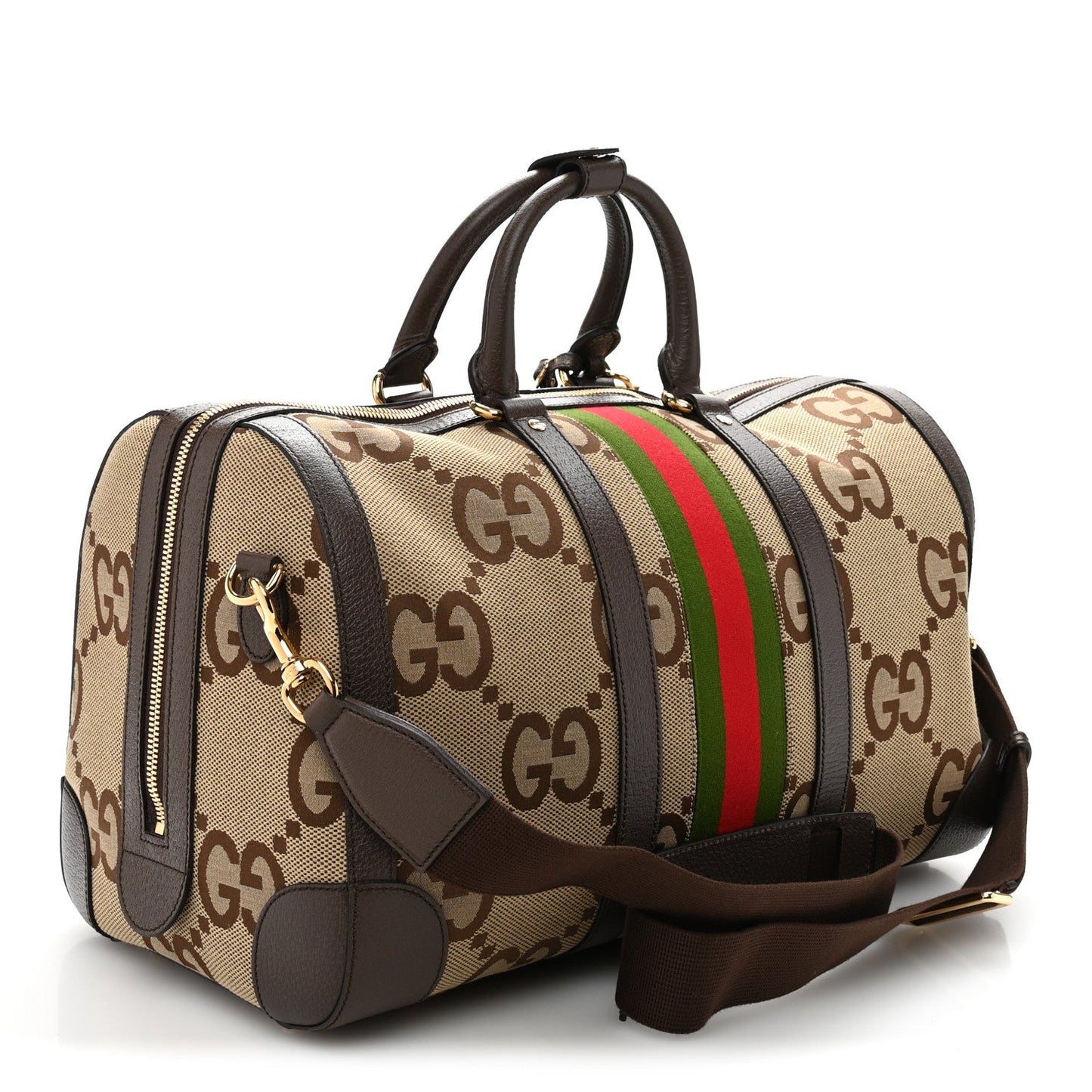 Gucci Monogram Jumbo GG Textured Dollar Calfskin Web Medium Duffle Bag Camel Ebony