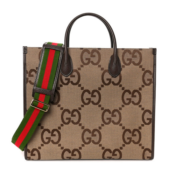 Gucci Monogram Jumbo GG Textured Dollar Calfskin Web Tote Bag Camel Ebony New Acero