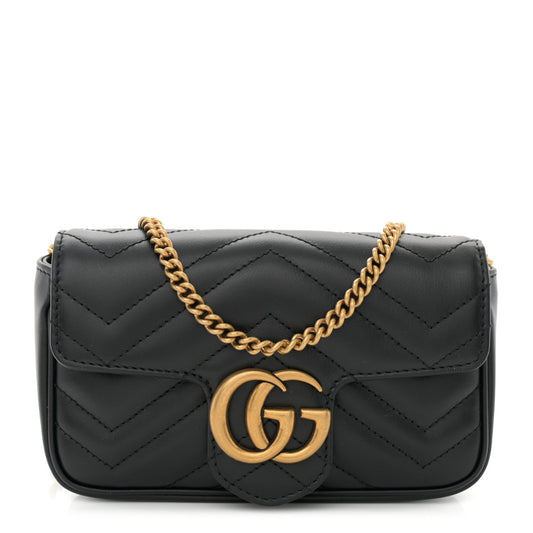 Gucci Calfskin Matelasse Super Mini GG Marmont Shoulder Bag Black