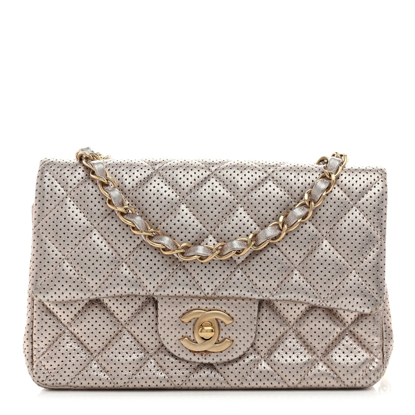 Chanel Metallic Lambskin Perforated Mini Rectangular Flap Light Gold