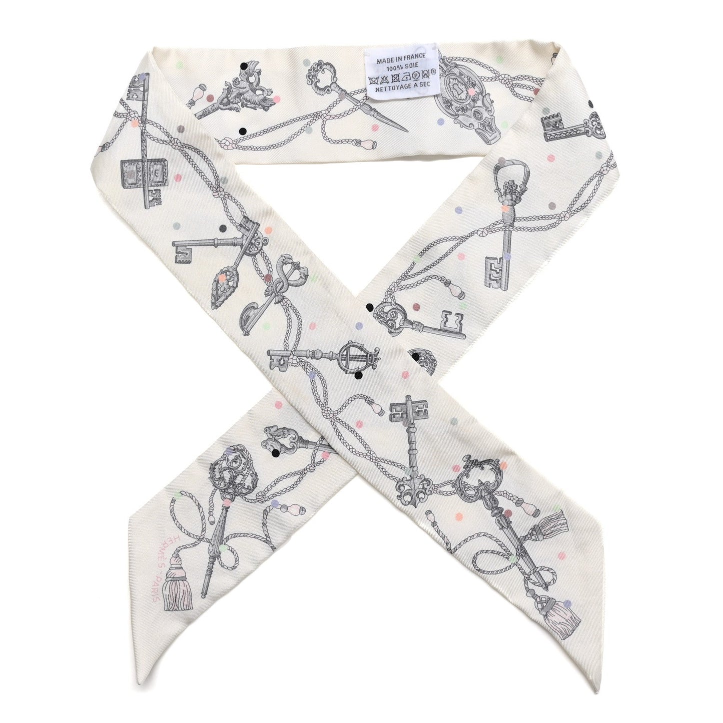 Hermes Silk Les Cles A Pois Twilly White Gris Acier