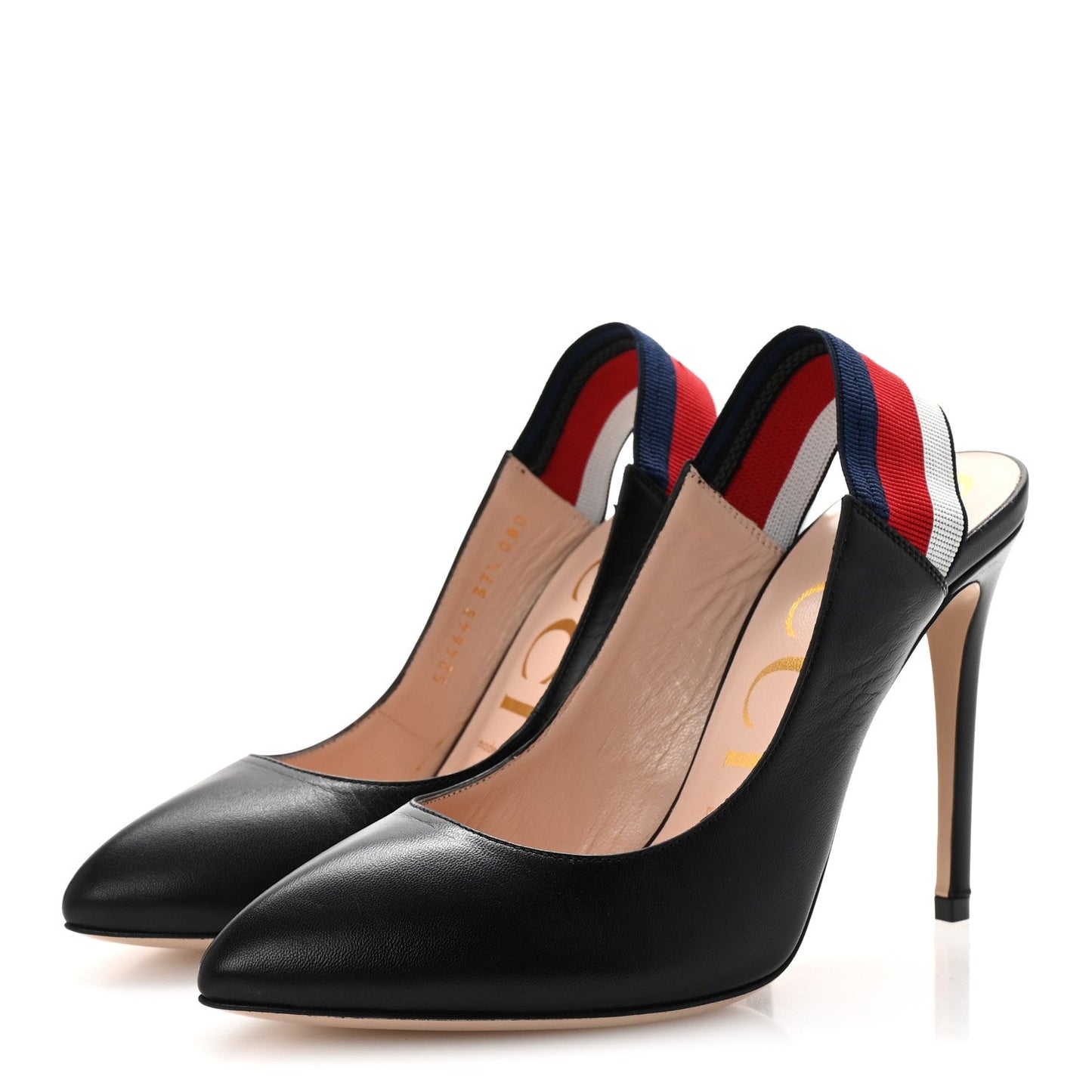 Gucci Malaga Kid Web Sylvie High Heel Slingback Pumps 37.5 Black