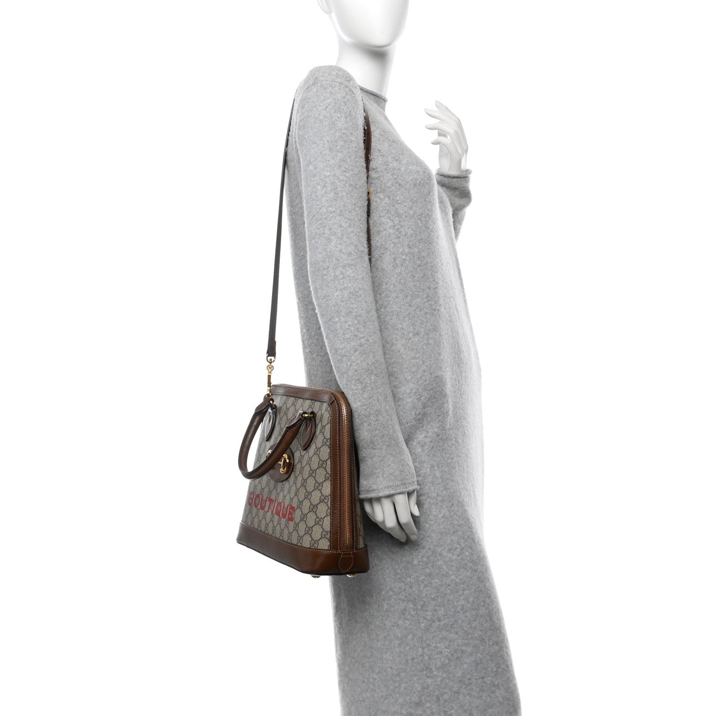Gucci GG Supreme Monogram Azalea Calfskin Boutique Horsebit 1955 Top Handle Bag Beige Ebony Brown Sugar