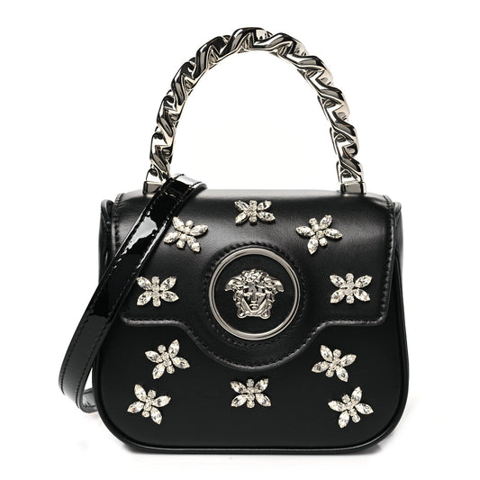 Versace Calfskin Crystal Embellished Mini La Medusa Bag Black