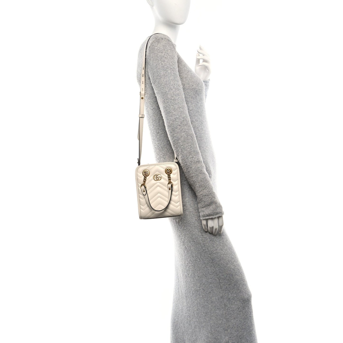 Gucci Calfskin Matelasse Chevron Mini GG Marmont Tote Mystic White