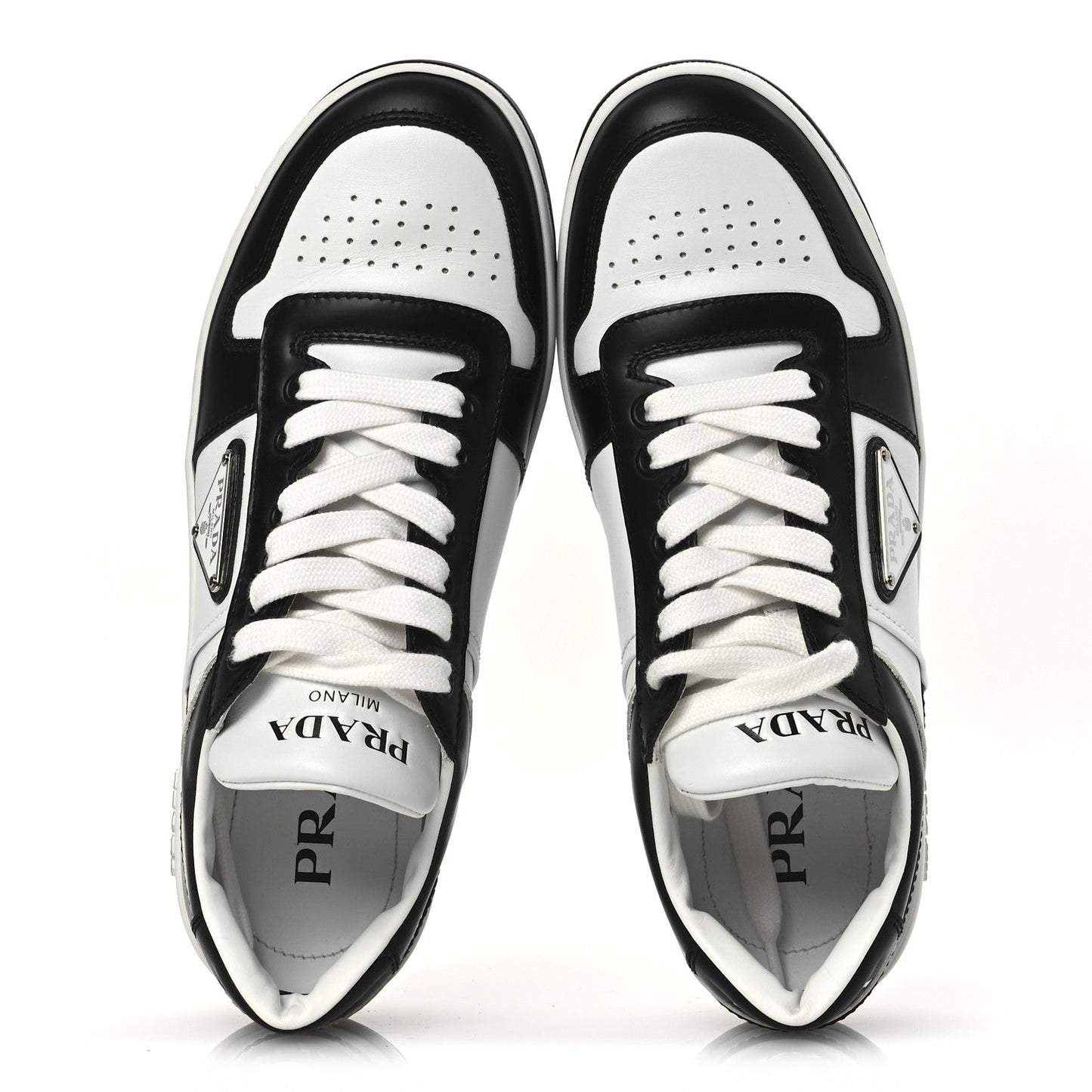 Prada Vitello Sport Spazzolato Rois Metal Triangle Logo Downtown Low Top Sneakers 37.5 White Black