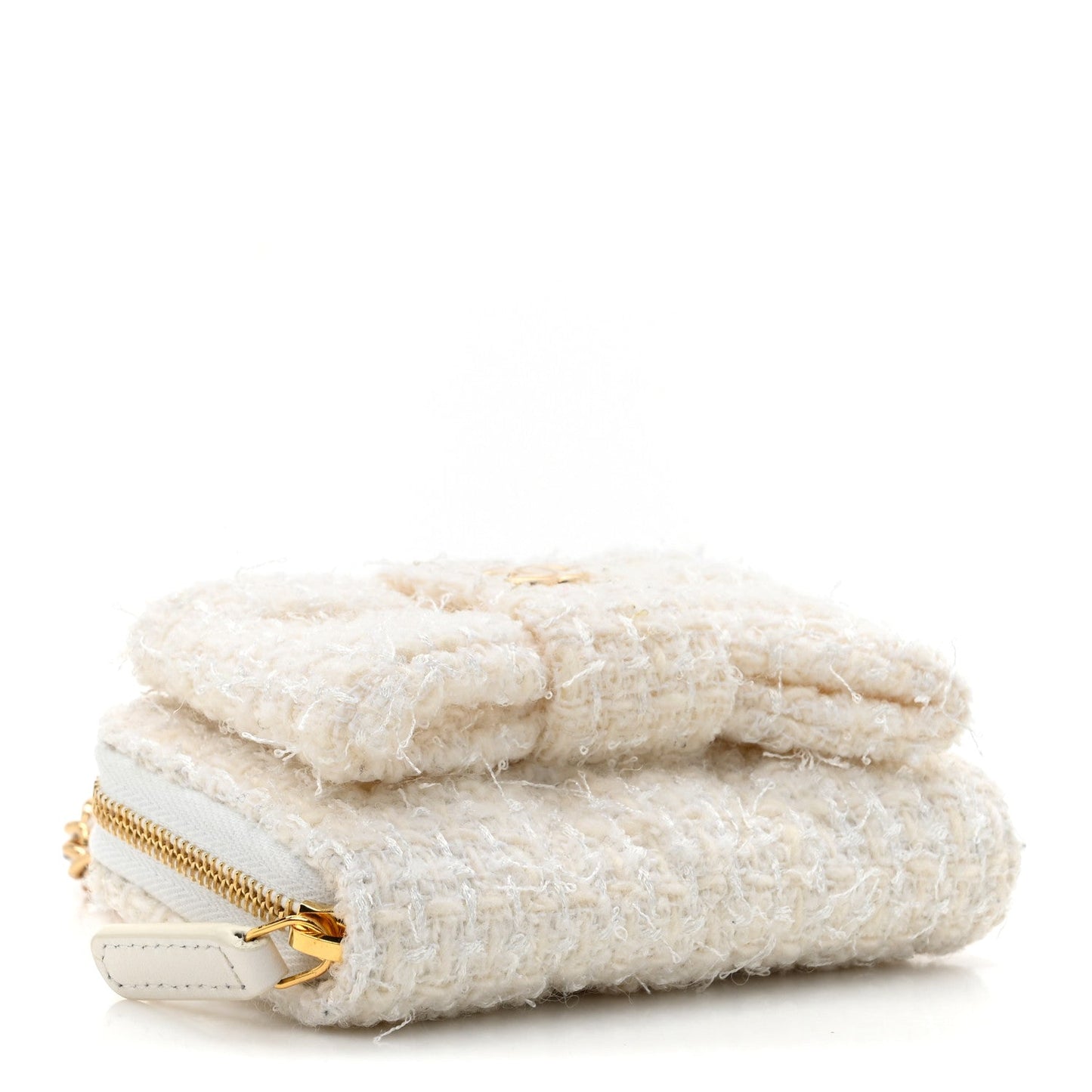 Chanel Tweed Quilted Bow Flap Card Holder On Chain White