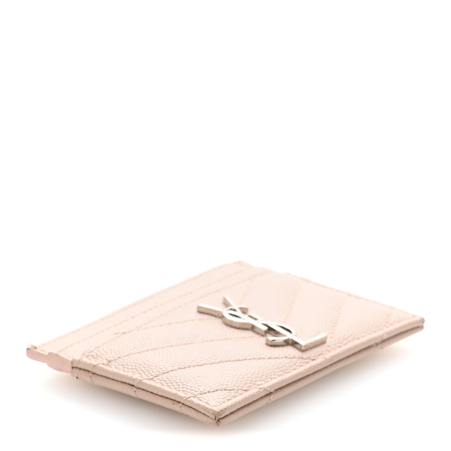 Saint Laurent Grain De Poudre Matelasse Chevron Monogram Credit Card Case Pale Pink