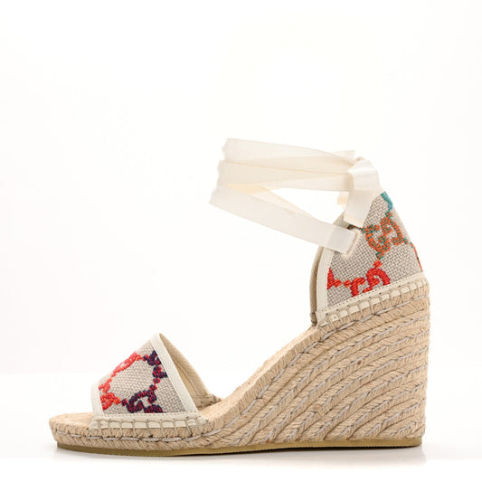 Gucci Linen Psychedelic Mini GG Monogram Ankle Wrap Platform Espadrille Wedge Sandals 39 Multicolor Mystic White