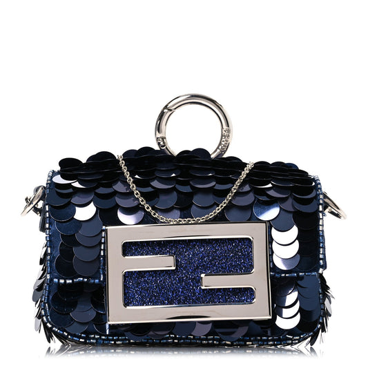 Fendi Sequin Paillettes Shiny Nappa Sex and the City Nano Maxi Buckle Baguette Charm Blue