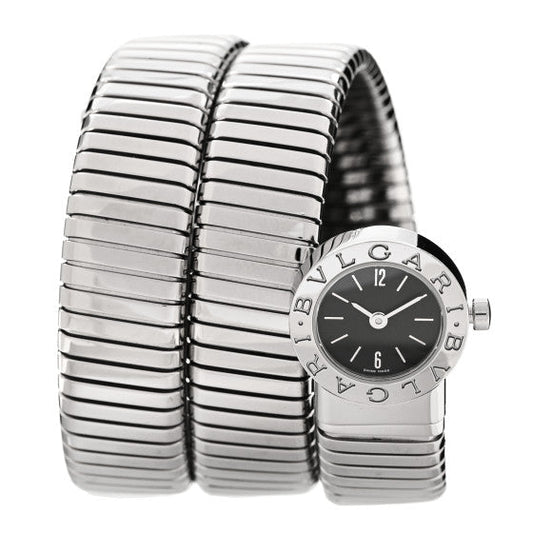 Bvlgari Stainless Steel 19mm Serpenti Tubogas Double Spiral Quartz Watch Black