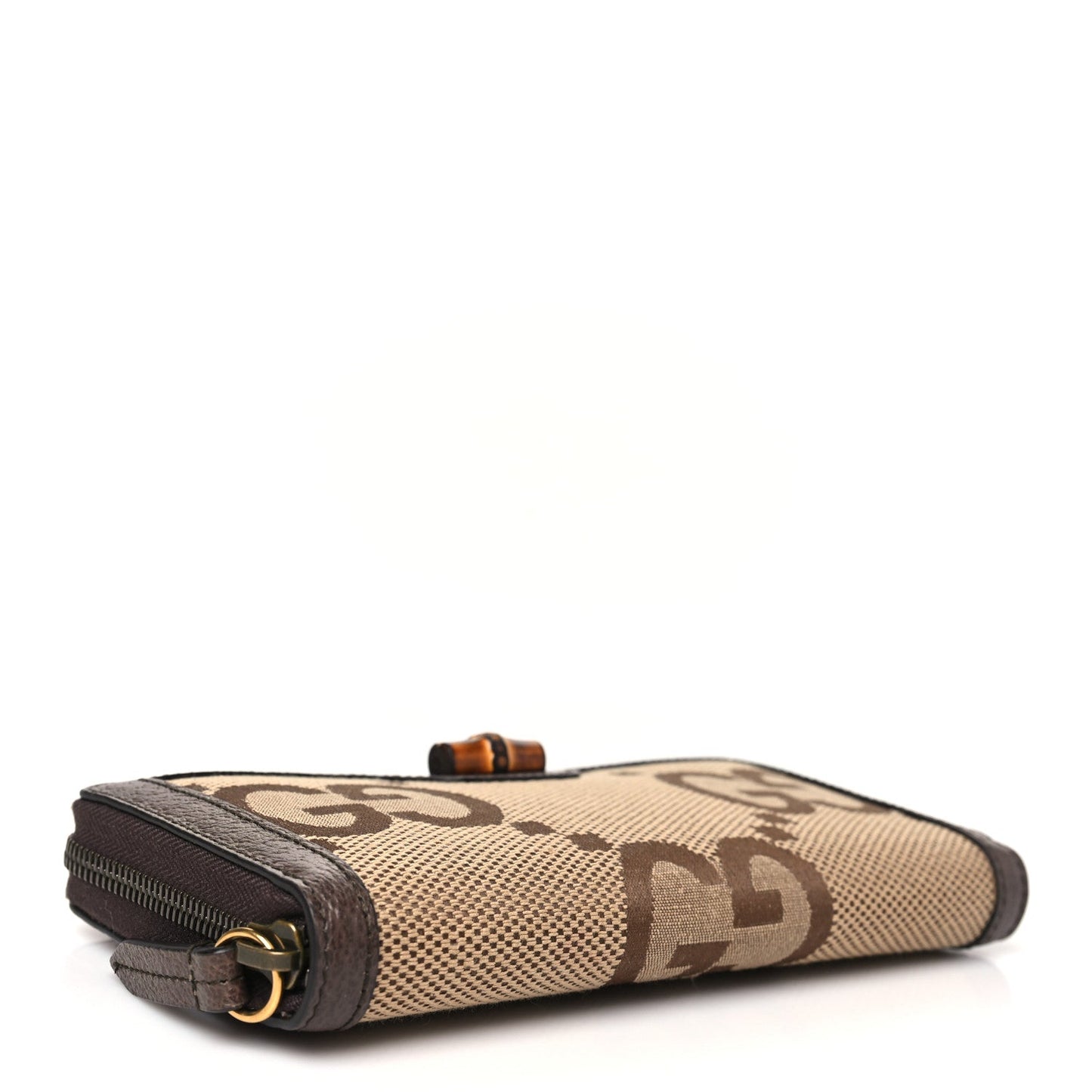 Gucci Monogram Jumbo GG Textured Dollar Calfskin Diana Zip Around Continental Wallet Camel Ebony New Acero