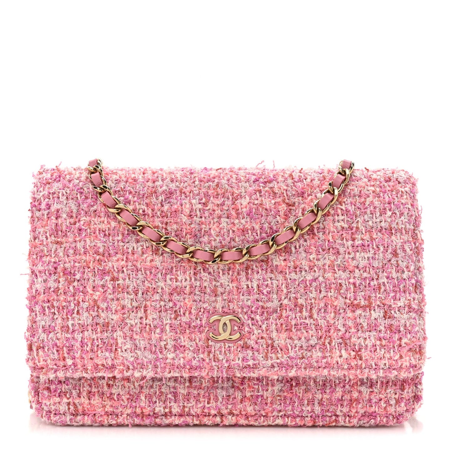 Chanel Tweed Quilted Wallet On Chain WOC Pink