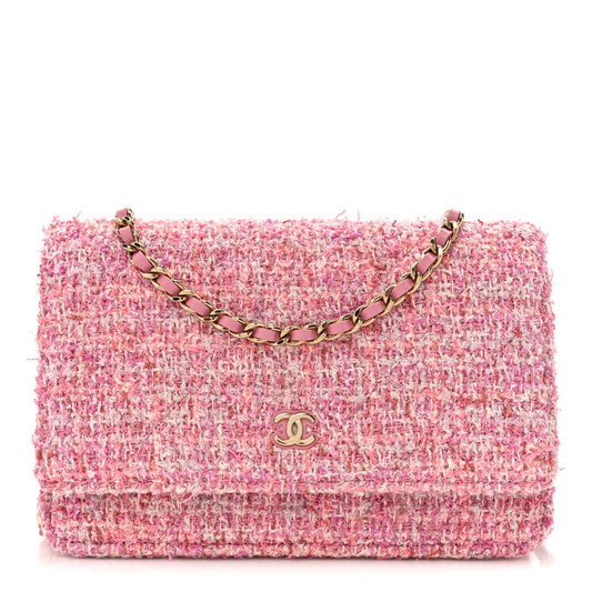 Chanel Tweed Quilted Wallet On Chain WOC Pink