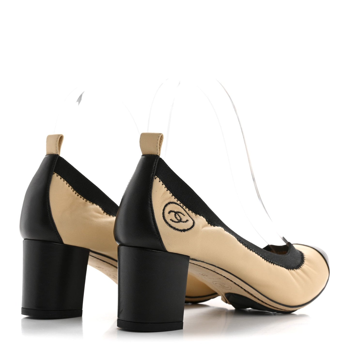 Chanel Lambskin CC Elastic Stretch Pumps 38 Beige Black