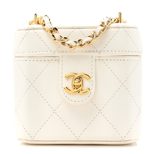 Chanel Lambskin Quilted Vanity Clutch With Chain White