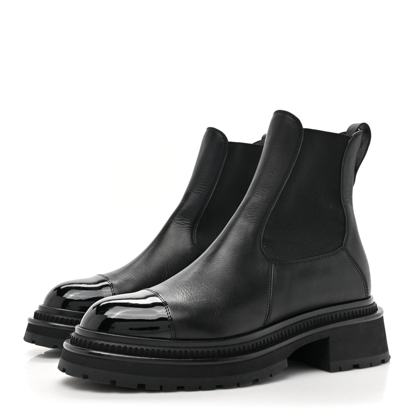 Chanel Calfskin Patent Cap Toe Ankle Boots 37.5 Black