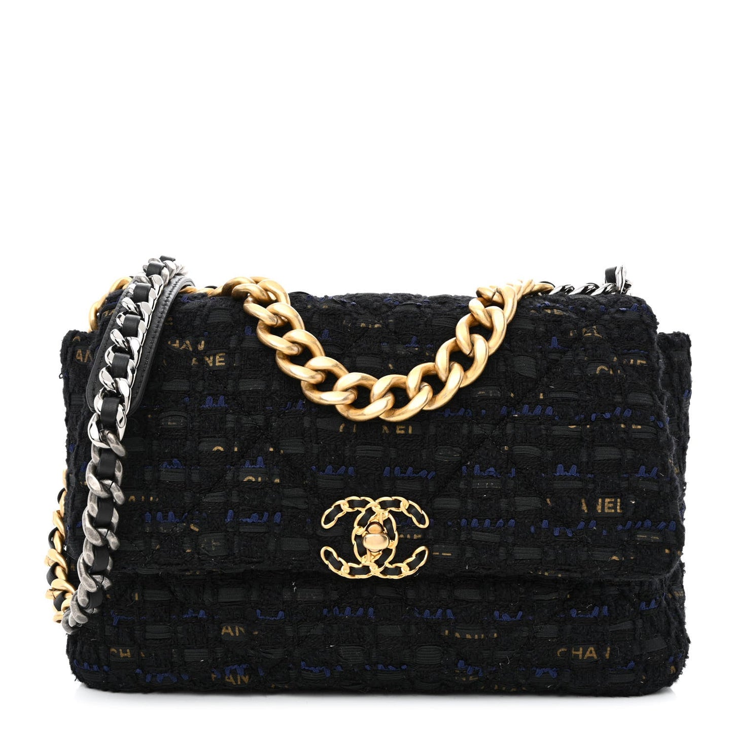 Chanel Tweed Quilted Large 19 Flap Black Navy Gold
