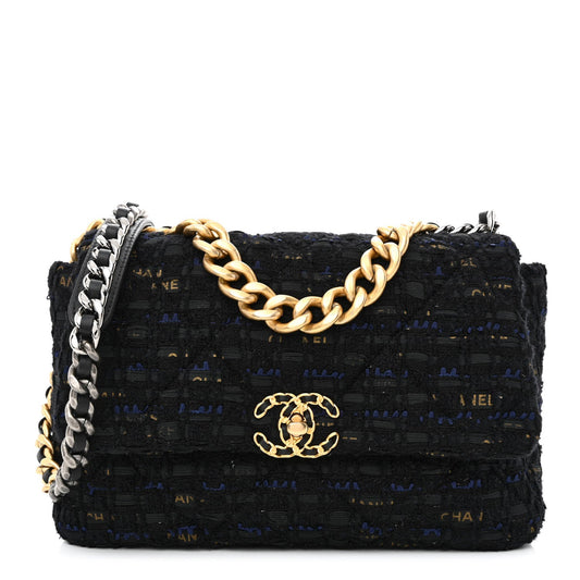 Chanel Tweed Quilted Large 19 Flap Black Navy Gold