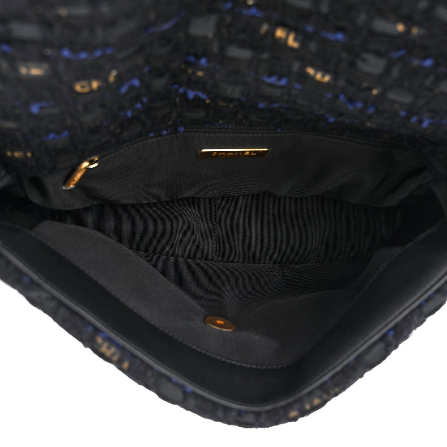 Chanel Tweed Quilted Large 19 Flap Black Navy Gold