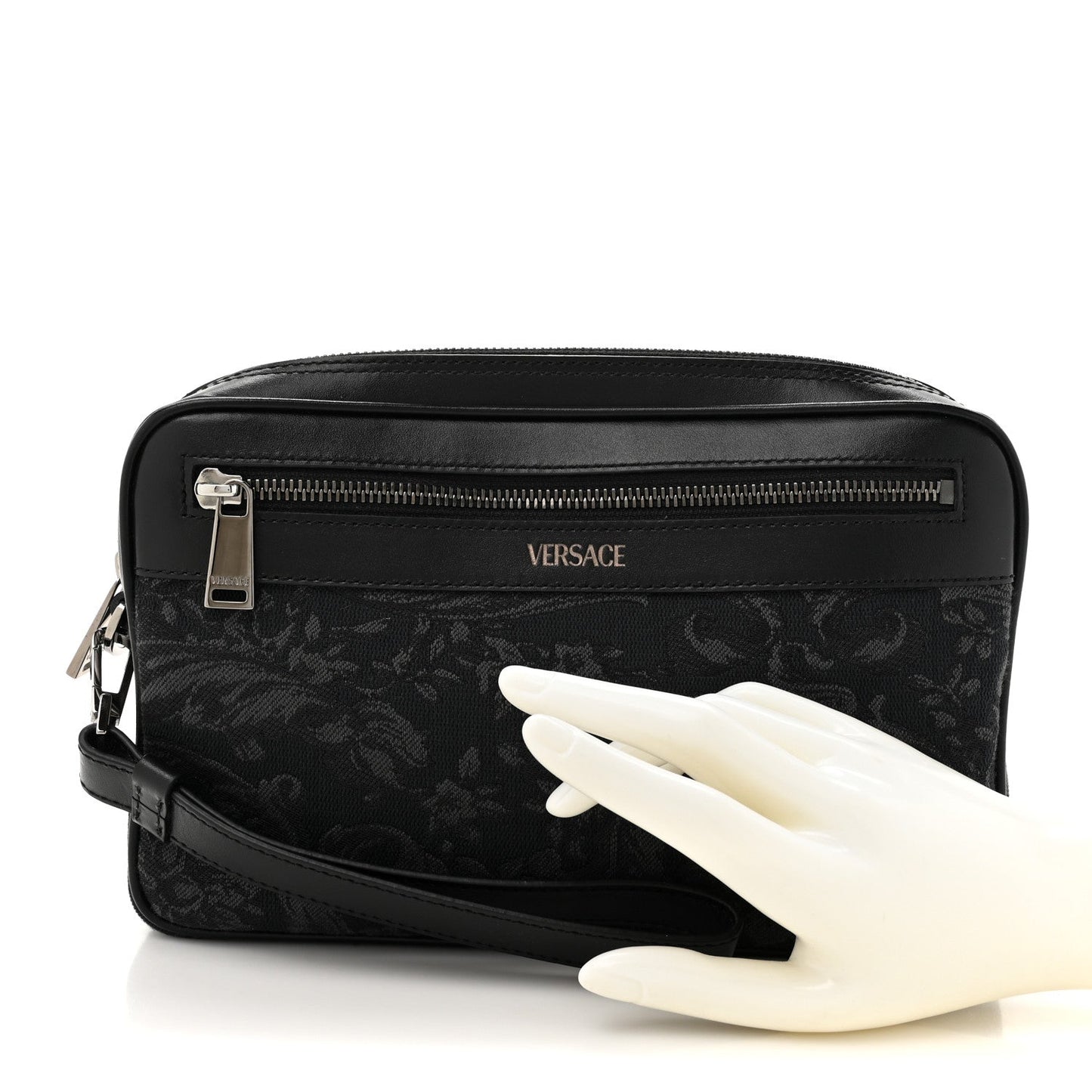 Versace Fabric Jacquard Calfskin Barocco Wristlet Pouch Black