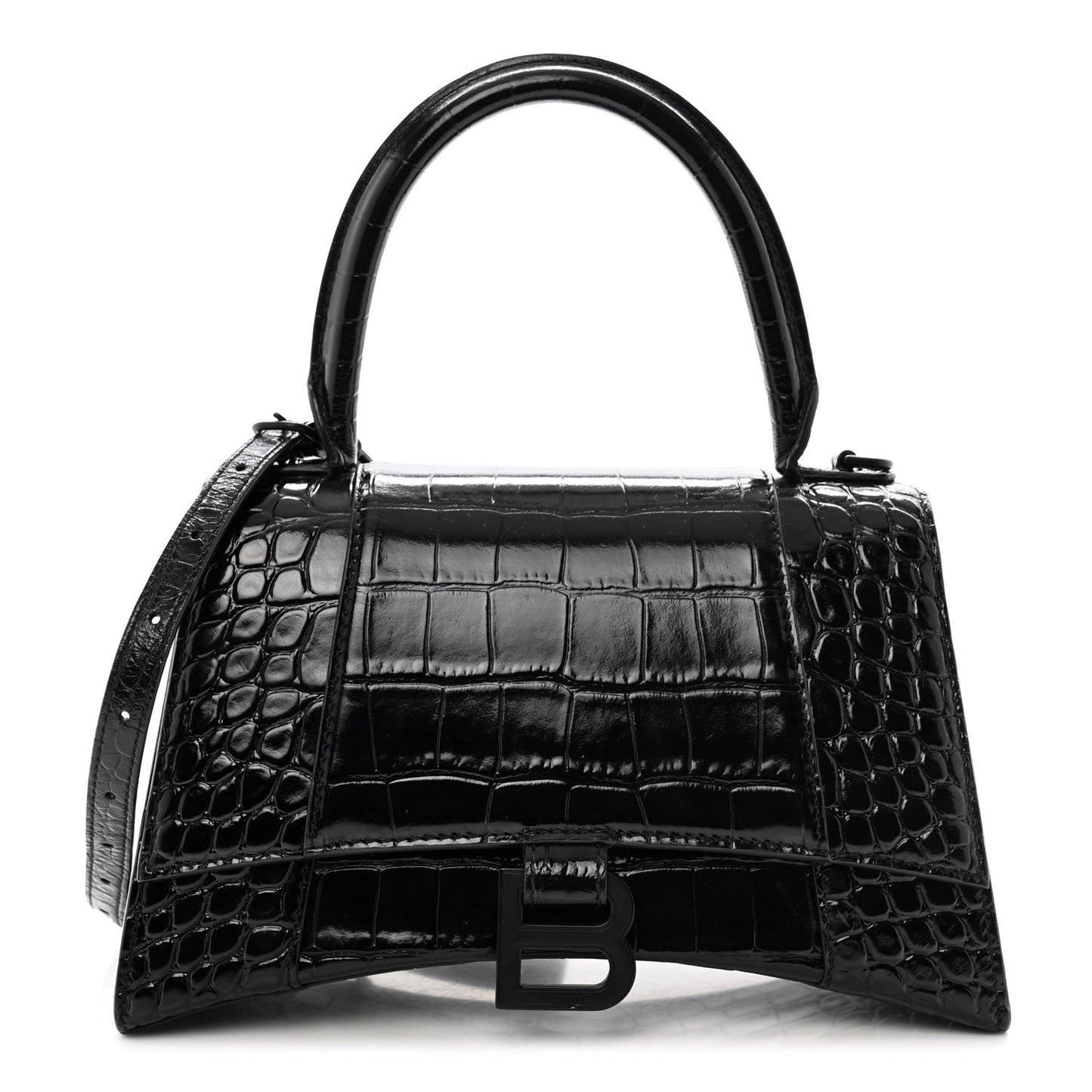 Balenciaga Shiny Calfskin Monochrome Crocodile Embossed Small Hourglass Top Handle Bag Black