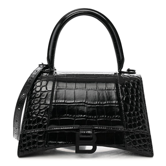 Balenciaga Shiny Calfskin Monochrome Crocodile Embossed Small Hourglass Top Handle Bag Black