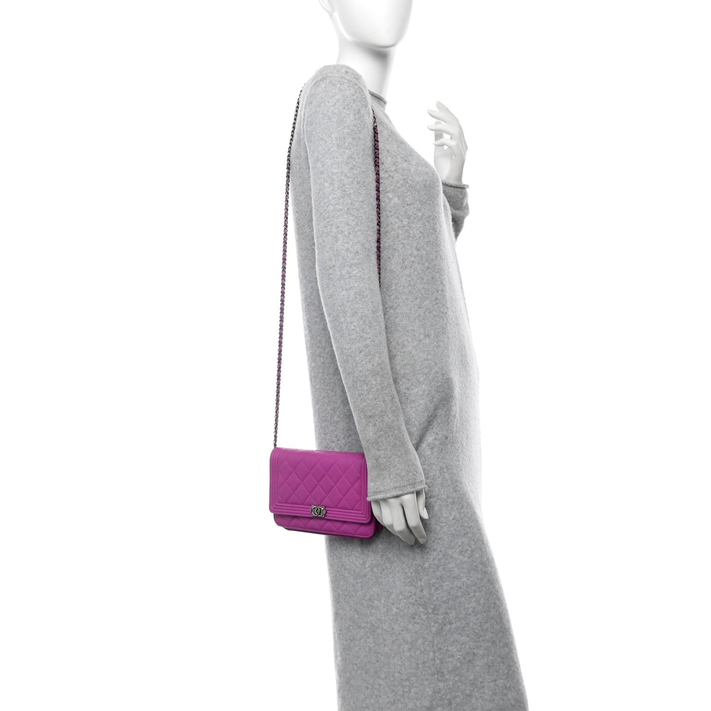 Chanel Lambskin Quilted Boy Wallet On Chain WOC Purple