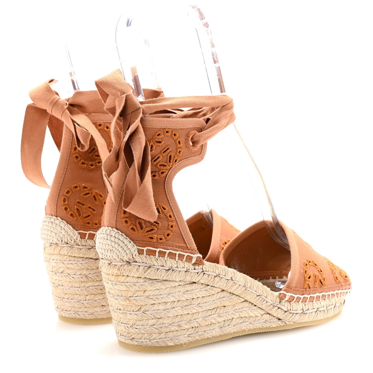 Gucci Canvas Damita GG Eyelet Espadrille Wedge Sandals 37 Blondie Cognac