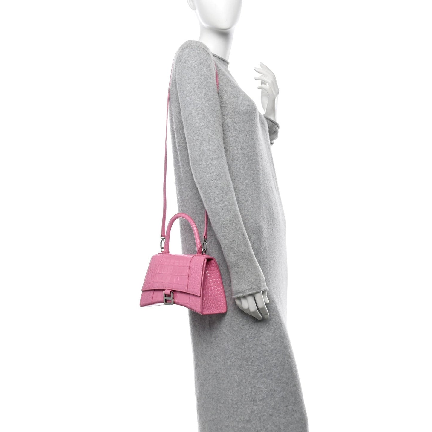 Balenciaga Shiny Calfskin Crocodile Embossed Small Hourglass Top Handle Bag Baby Pink