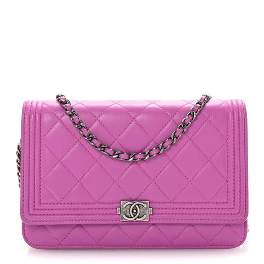 Chanel Lambskin Quilted Boy Wallet On Chain WOC Purple