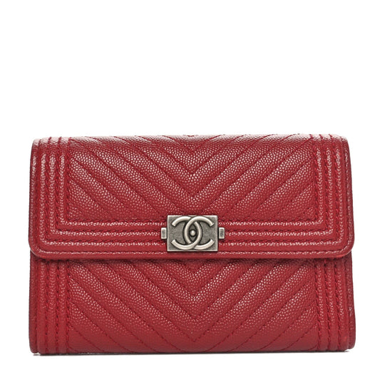 Chanel Caviar Chevron Quilted Boy Flap Wallet Red