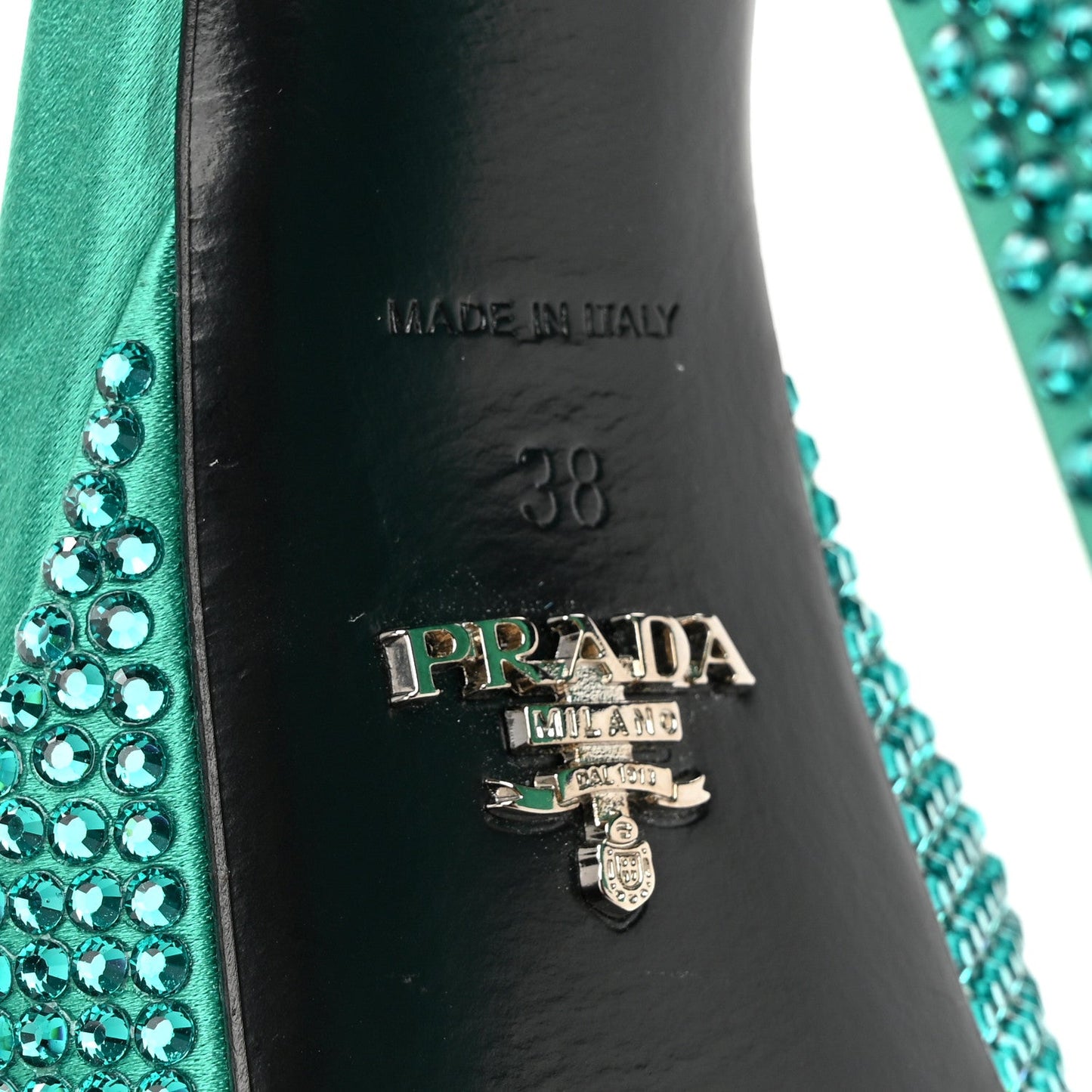 Prada Satin Crystal Triangle Logo 40/135mm Platform Sandals 38 Mango