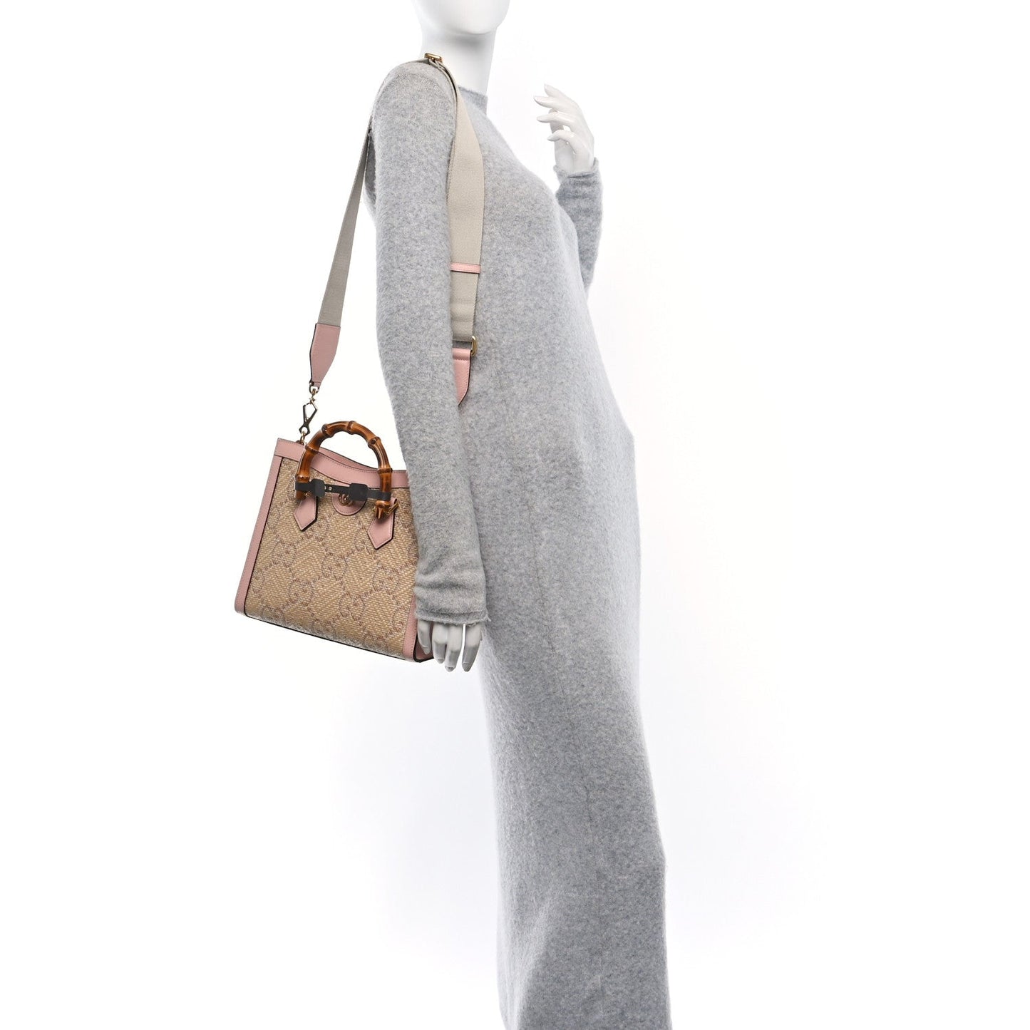 Gucci Raffia Textured Dollar Calfskin GG Monogram Small Diana Tote Bag Wild Rose Fuxia Fluo