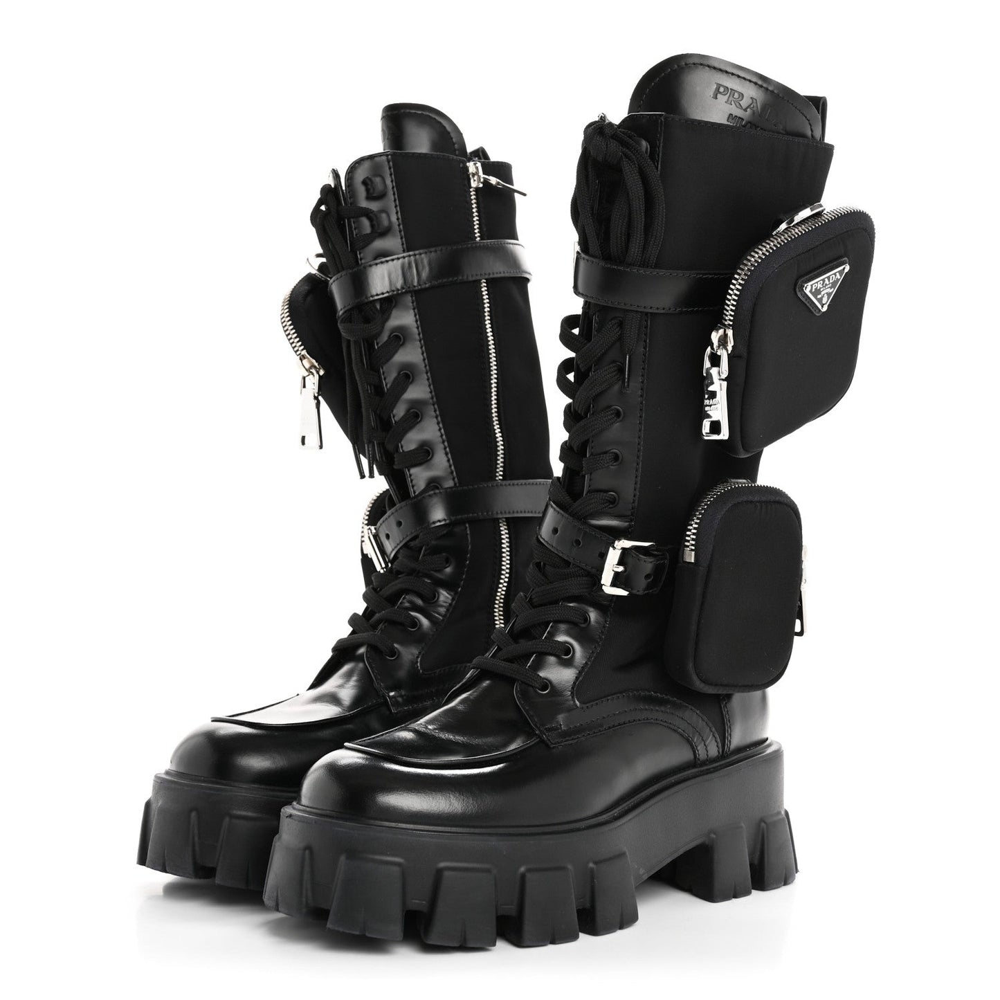 Prada Spazzolato Rois Re-Nylon Metal Triangle Logo Monolith Pouch Pocket 55mm Tall Combat Boots 36.5 Black