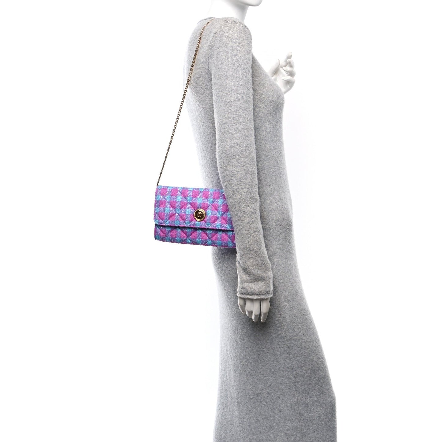 Versace Tweed Quilted Medusa Wallet on Chain Crossbody Pink Blue
