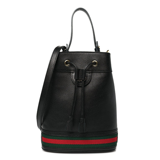 Gucci Glazed Textured Calfskin Web Small Ophidia Bucket Bag Black