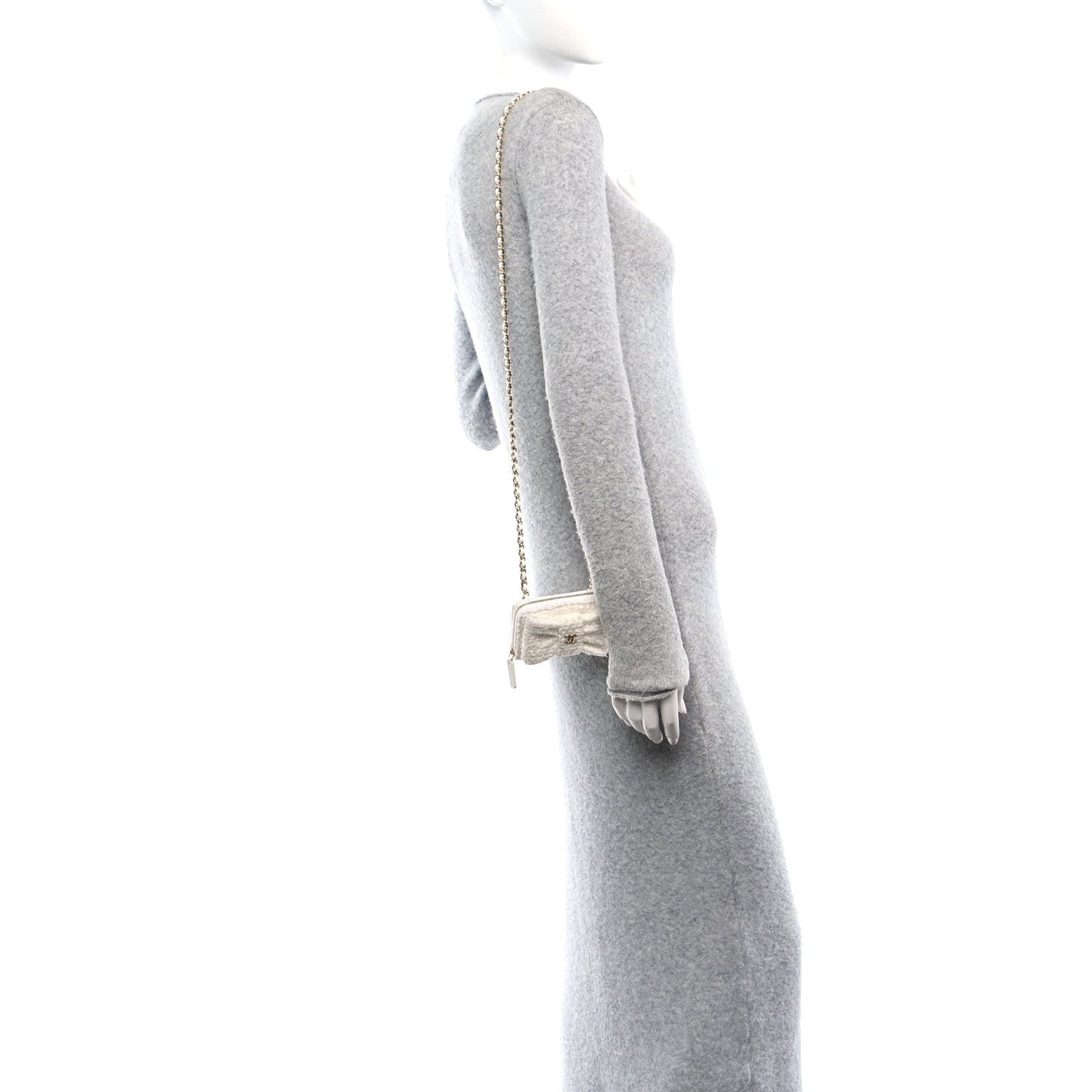 Chanel Tweed Quilted Bow Flap Card Holder On Chain White