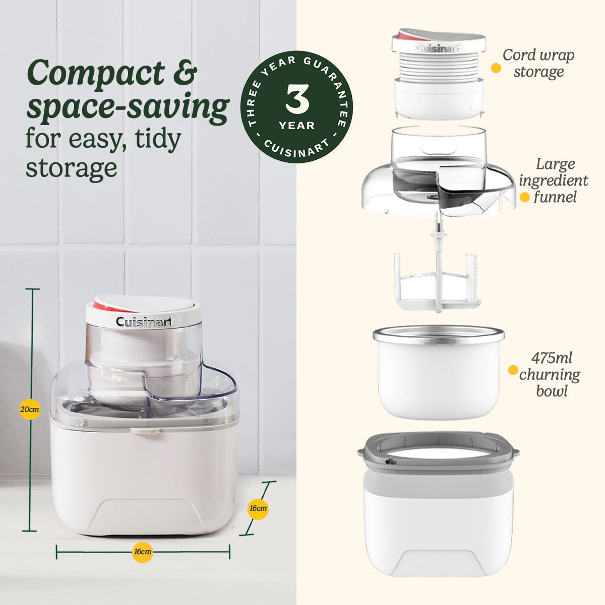 Cuisinart Solo Scoops Ice Cream Maker | Homemade Gelato & Ice cream machine in 25 Mins | Sorbet Maker | Frozen Yogurt Maker | Compact, space saving | 475ml churning bowl | ICEM10