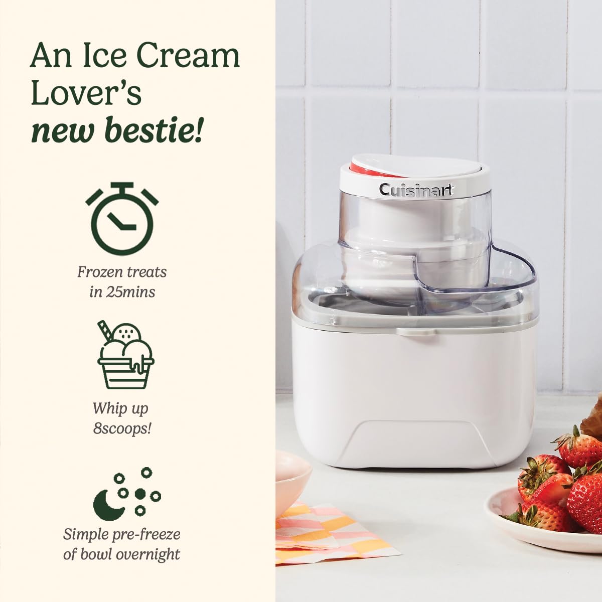Cuisinart Solo Scoops Ice Cream Maker | Homemade Gelato & Ice cream machine in 25 Mins | Sorbet Maker | Frozen Yogurt Maker | Compact, space saving | 475ml churning bowl | ICEM10