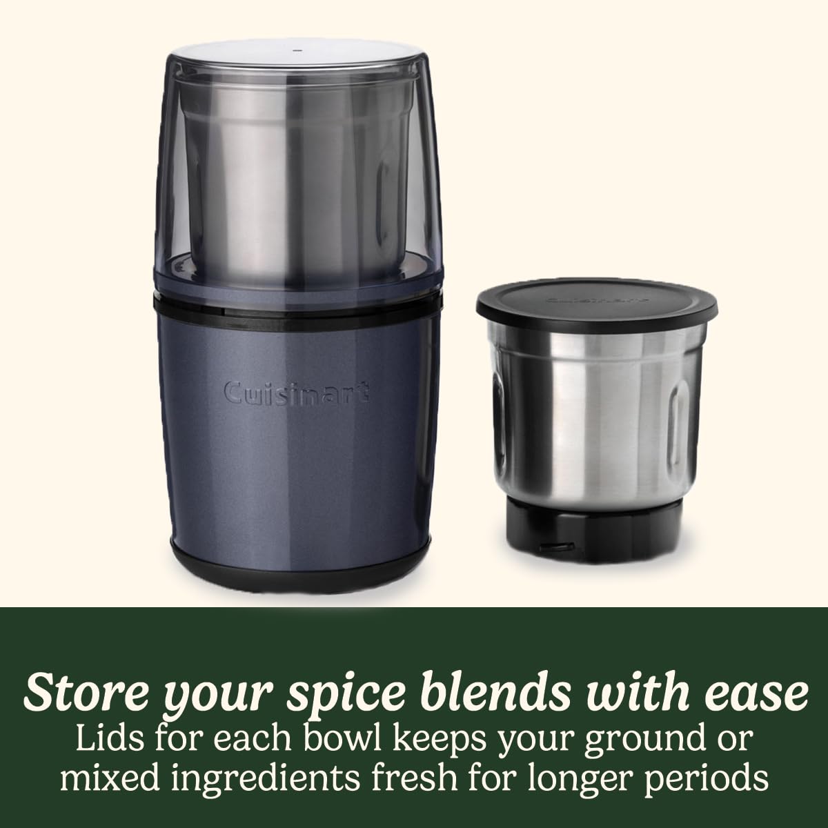 Cuisinart Electric Spice Grinder Coffee Grinder, Nut Grinder, Seed Grinder for Kitchen, Wet & Dry Electric, Easy to Use Dual Stainless Steel Bowls with Storage Lids Dishwasher Safe