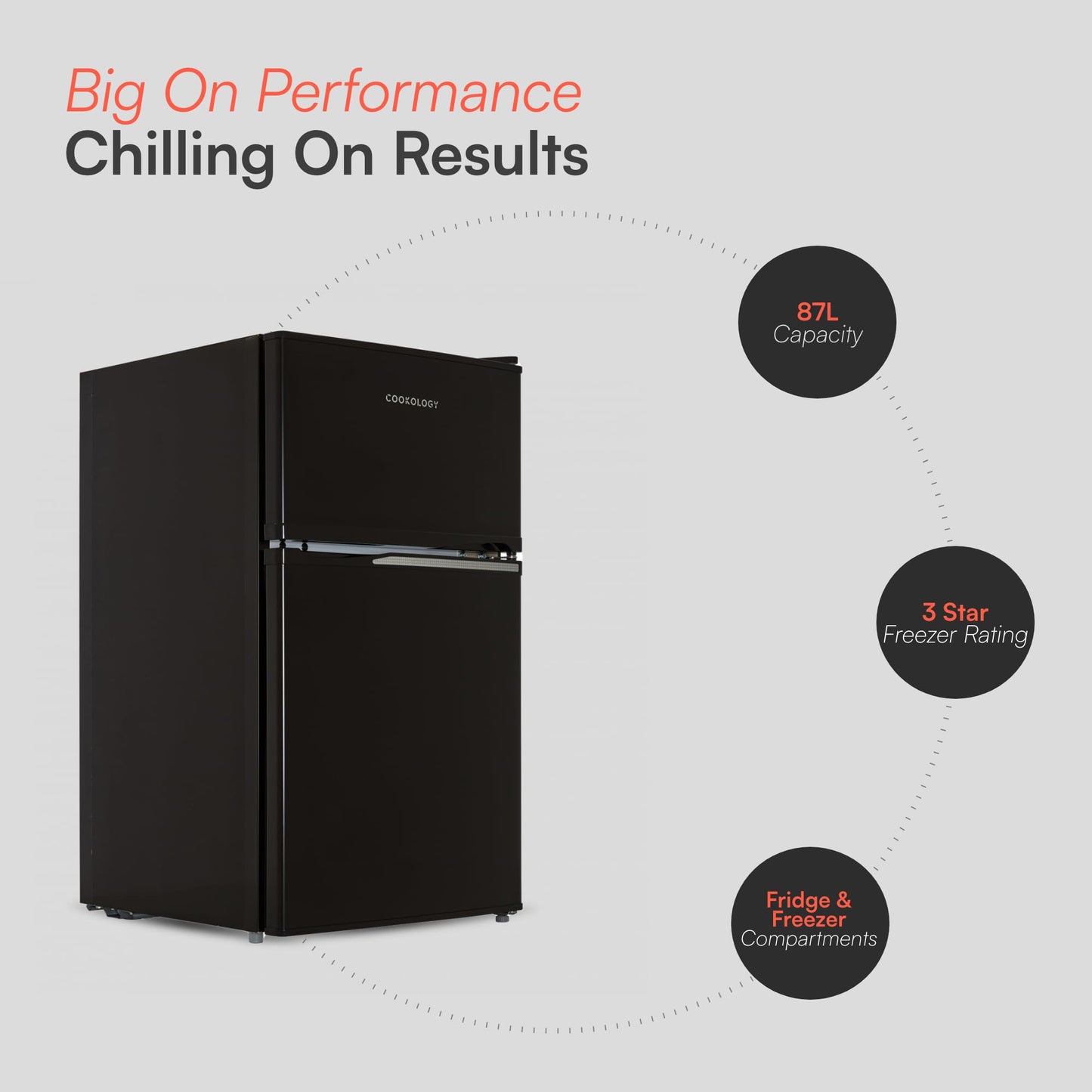 Cookology 87L Fridge Freezer - Freestanding Under Counter - 2 Reversible Doors - Adjustable Temperature Control - LED Light - 3 Star Freezer Rating - 47cm Wide - Black
