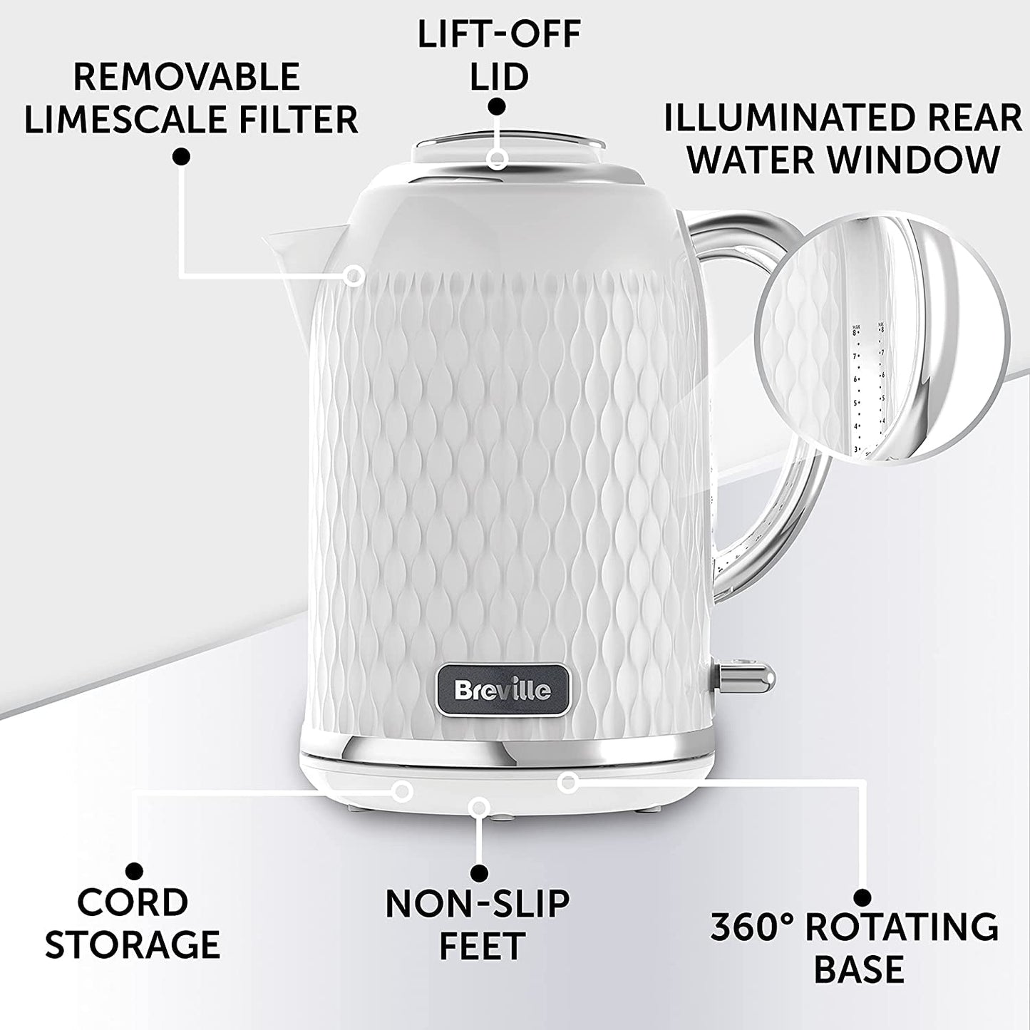 Breville Curve Electric Kettle | 1.7 Litre | 3KW Fast Boil | White & Chrome [VKT117]