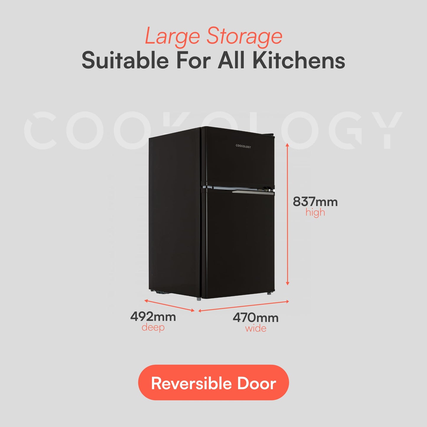 Cookology 87L Fridge Freezer - Freestanding Under Counter - 2 Reversible Doors - Adjustable Temperature Control - LED Light - 3 Star Freezer Rating - 47cm Wide - Black